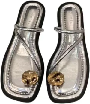 Women's leather strappy flat metal toe ring sandals fashionable square open toe low block heel slip-on Clip Toe Slide Sandals Casual Summer Beach slipper