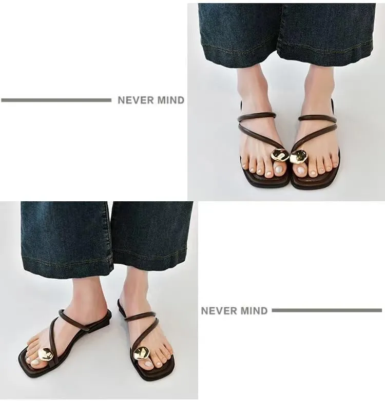Women's leather strappy flat metal toe ring sandals fashionable square open toe low block heel slip-on Clip Toe Slide Sandals Casual Summer Beach slipper