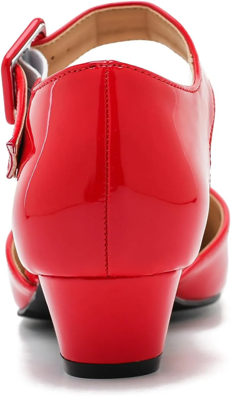 Women's Low Block Heels Ankle Buckle Strap Closed Toe Comfortable Chunky Heel Dress Work Pumps