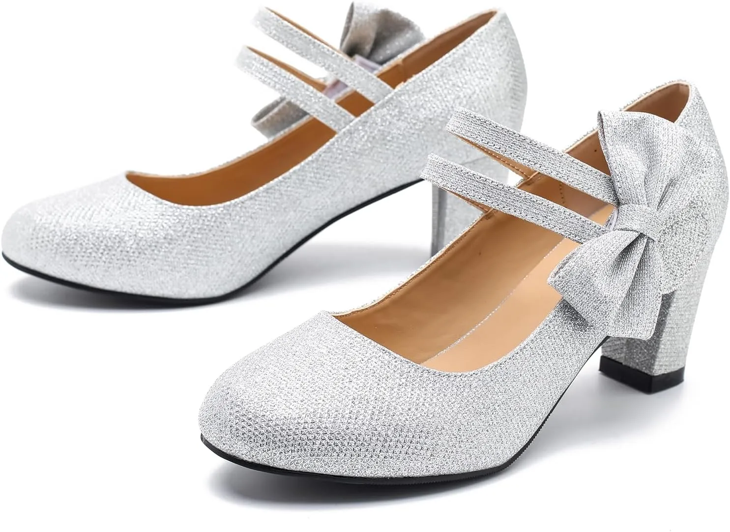 Women's Mary Jane Heels with Bow Low Heels Closed Chunky Block Double Ankle Strap Pumps Wedding Office Work Dress Shoes