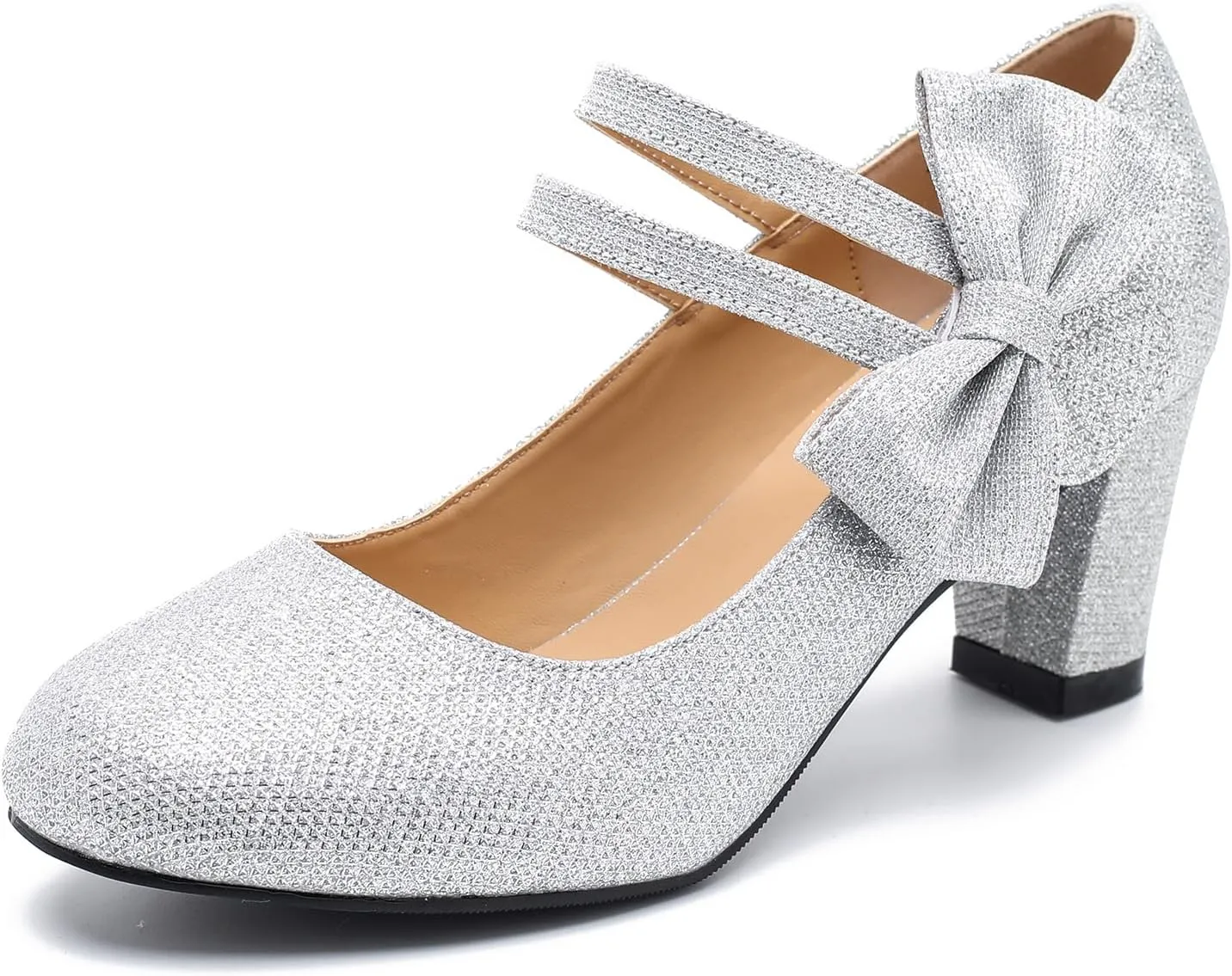 Women's Mary Jane Heels with Bow Low Heels Closed Chunky Block Double Ankle Strap Pumps Wedding Office Work Dress Shoes