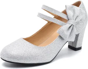 Women's Mary Jane Heels with Bow Low Heels Closed Chunky Block Double Ankle Strap Pumps Wedding Office Work Dress Shoes