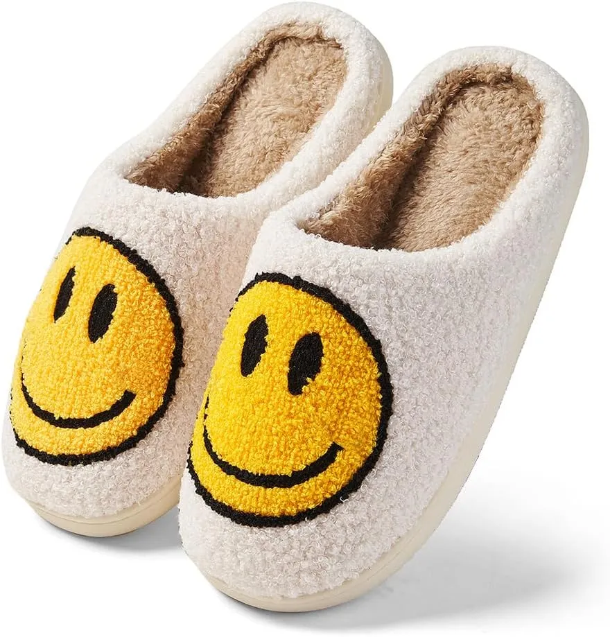 Women's Men's Retro Face Slippers Comfy Warm Plush Slip-On House Slipper for Winter Indoor Soft Cushion Non-slip Fluffy Slides Slippers