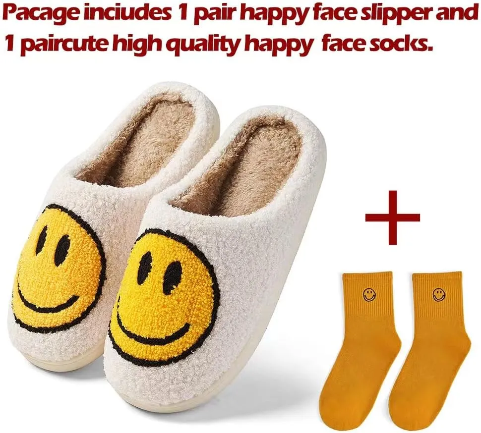 Women's Men's Retro Face Slippers Comfy Warm Plush Slip-On House Slipper for Winter Indoor Soft Cushion Non-slip Fluffy Slides Slippers