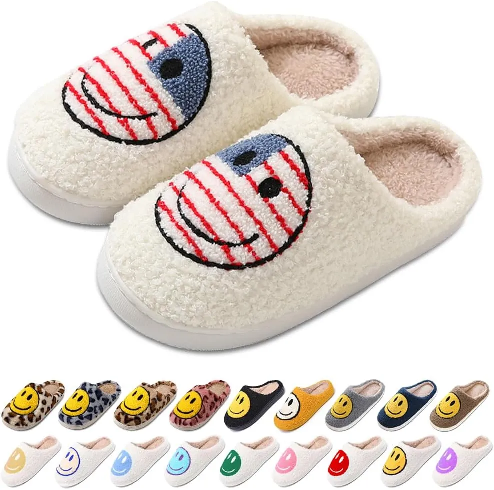 Women's Men's Retro Preppy Happy Face Slippers Comfy Warm Plush Slip-On House Slipper for Winter Indoor Soft Cushion Non-slip Fluffy Slides Slippers