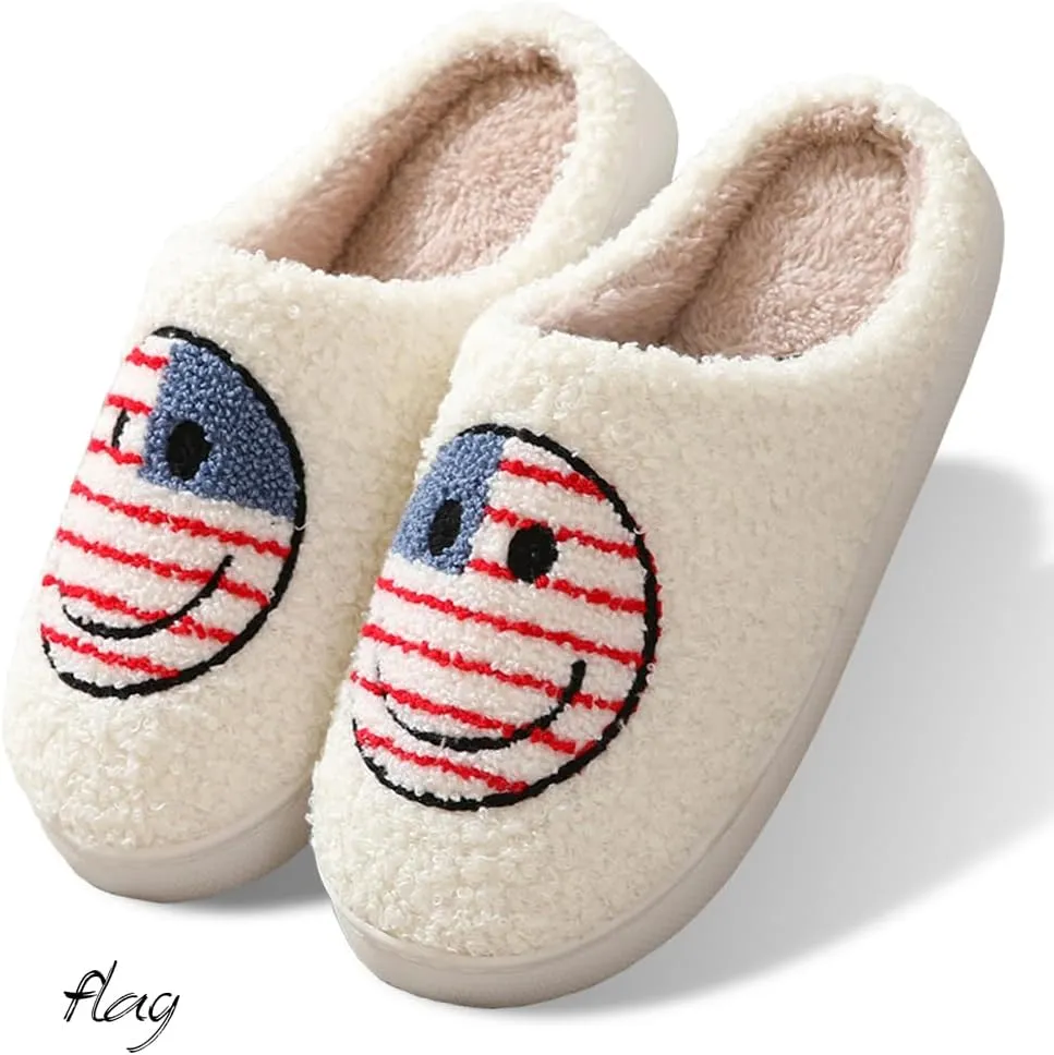 Women's Men's Retro Preppy Happy Face Slippers Comfy Warm Plush Slip-On House Slipper for Winter Indoor Soft Cushion Non-slip Fluffy Slides Slippers