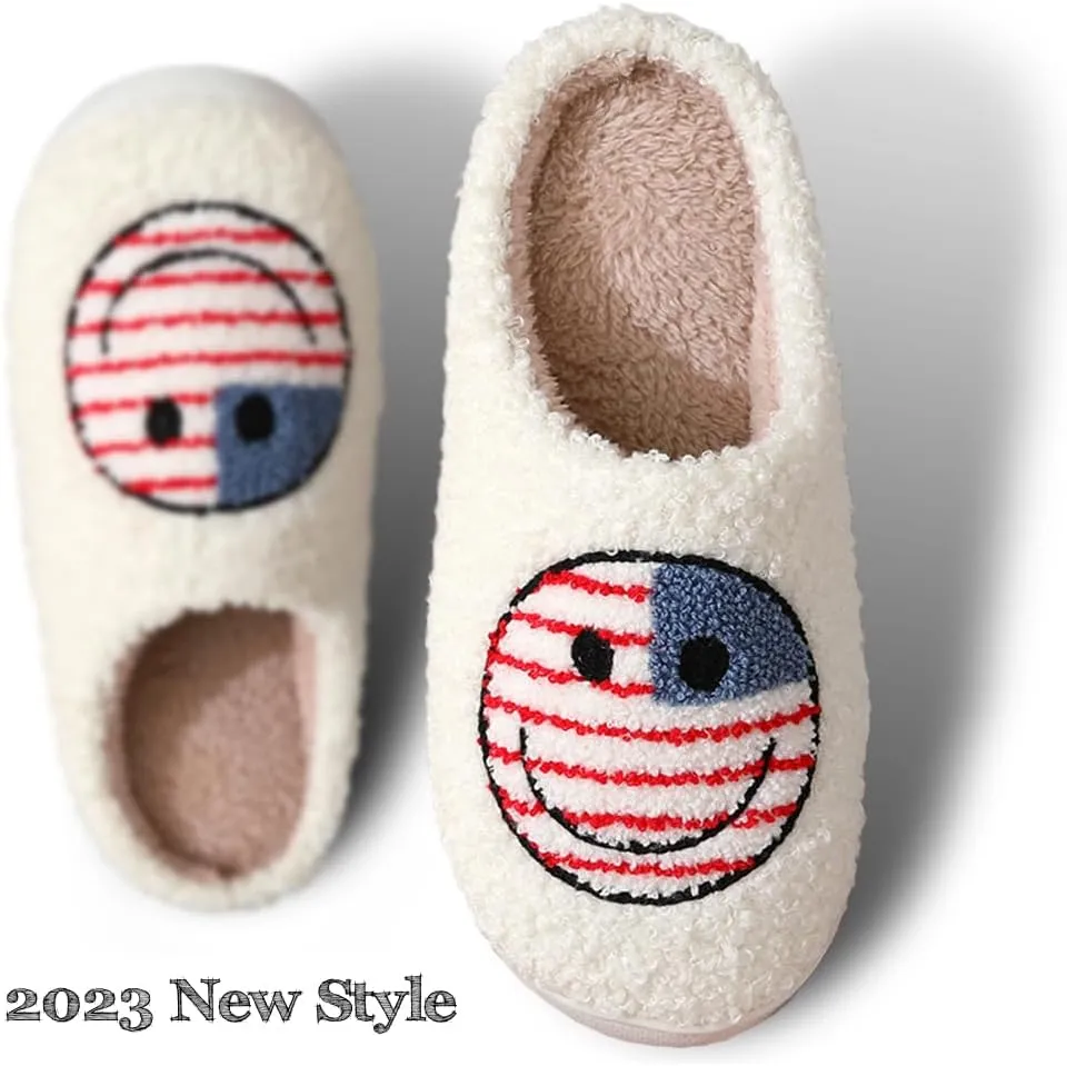 Women's Men's Retro Preppy Happy Face Slippers Comfy Warm Plush Slip-On House Slipper for Winter Indoor Soft Cushion Non-slip Fluffy Slides Slippers