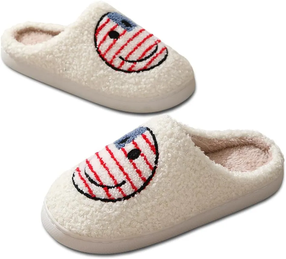 Women's Men's Retro Preppy Happy Face Slippers Comfy Warm Plush Slip-On House Slipper for Winter Indoor Soft Cushion Non-slip Fluffy Slides Slippers