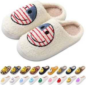 Women's Men's Retro Preppy Happy Face Slippers Comfy Warm Plush Slip-On House Slipper for Winter Indoor Soft Cushion Non-slip Fluffy Slides Slippers