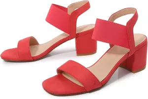 Women's One Strap Chunky Heel Sandals with Adjust Stretchy Ankle Strap Square Open Toe Suede Slip on Block Heel Dress Party Wedding Sandals