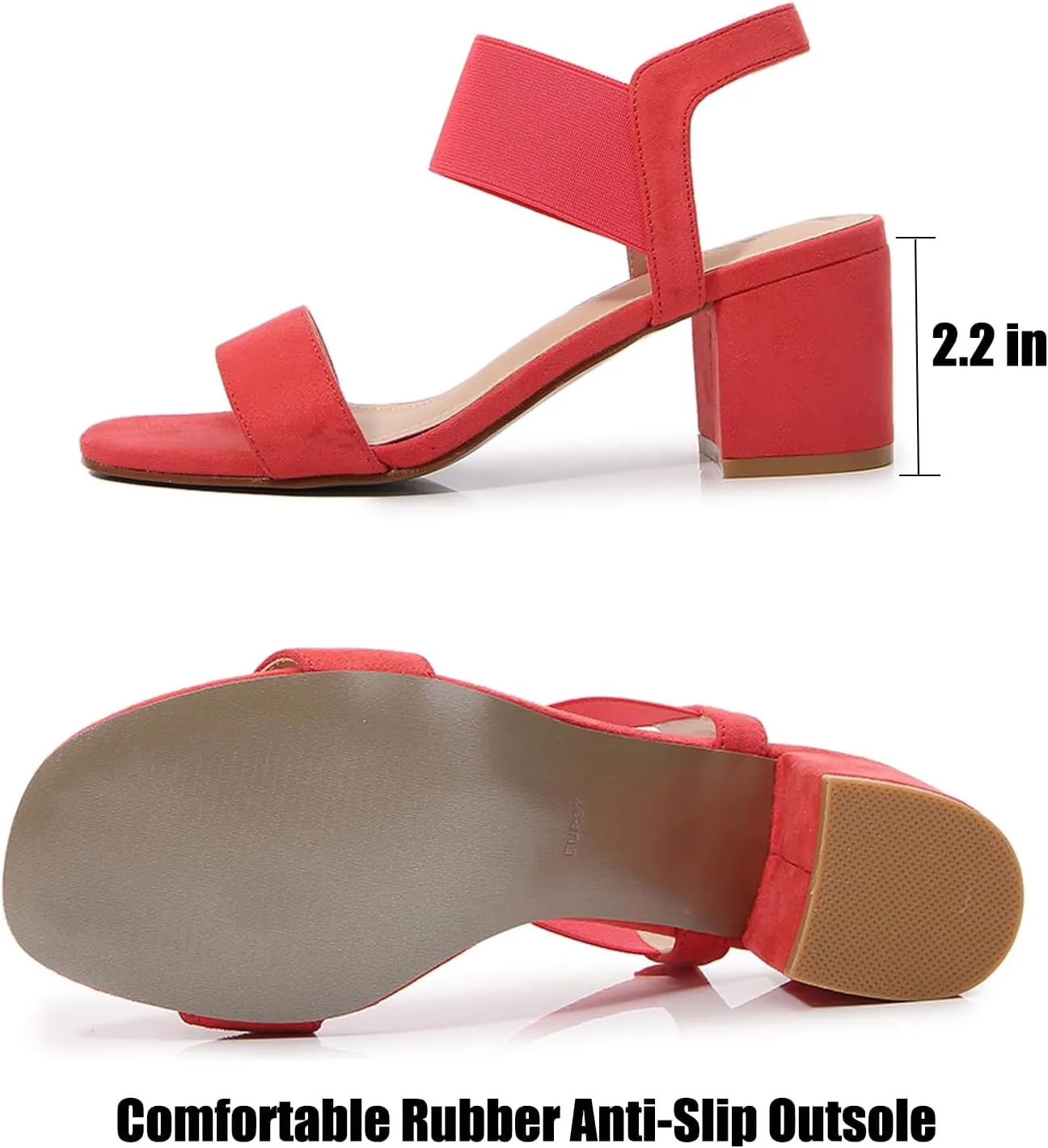 Women's One Strap Chunky Heel Sandals with Adjust Stretchy Ankle Strap Square Open Toe Suede Slip on Block Heel Dress Party Wedding Sandals
