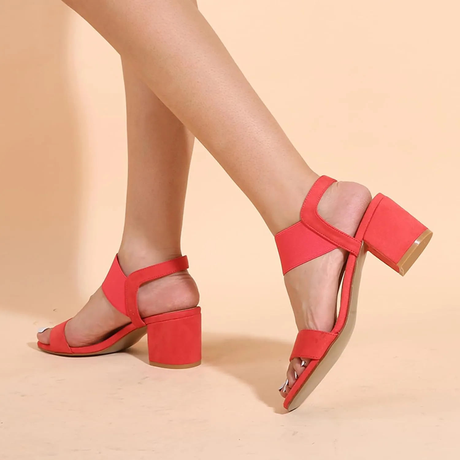 Women's One Strap Chunky Heel Sandals with Adjust Stretchy Ankle Strap Square Open Toe Suede Slip on Block Heel Dress Party Wedding Sandals