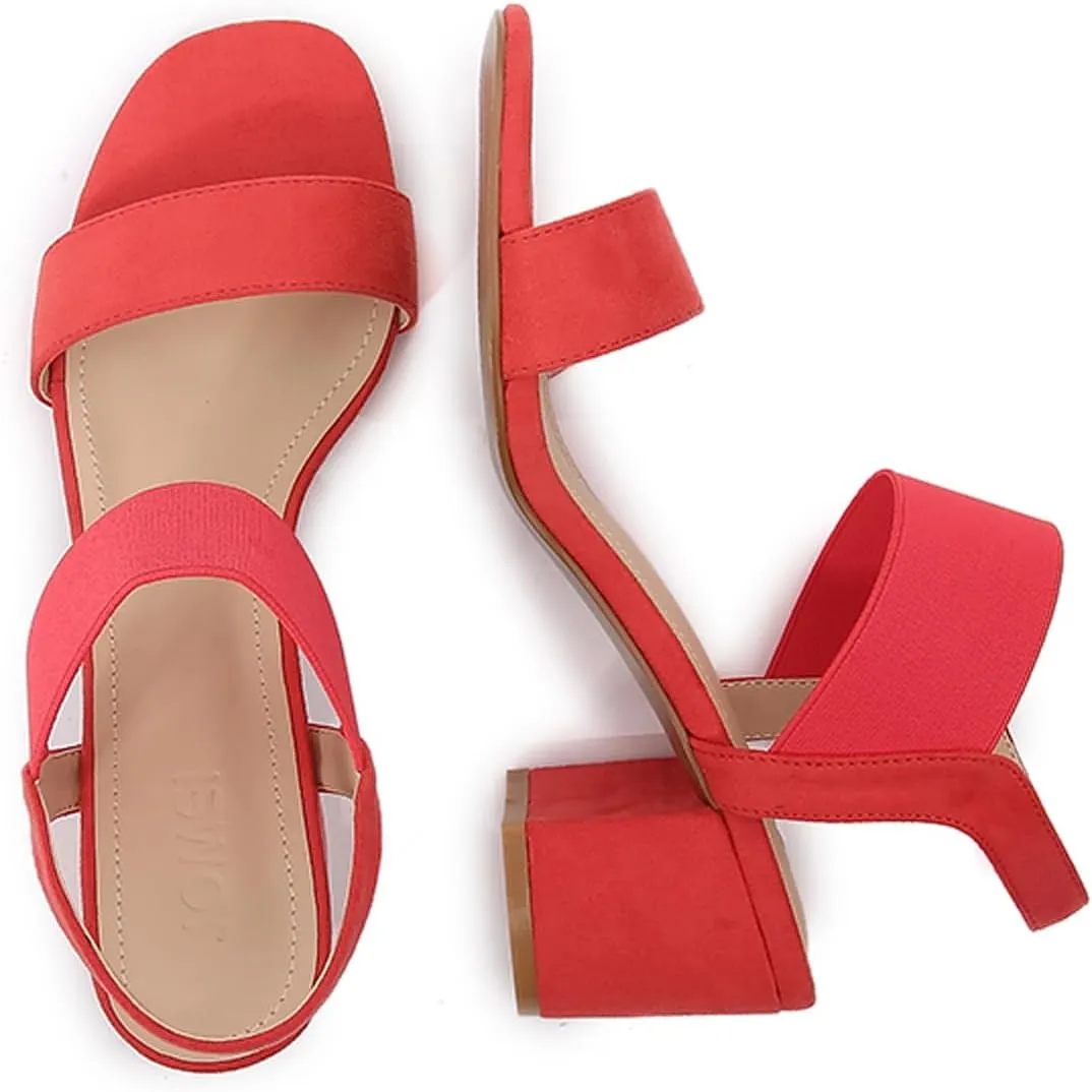 Women's One Strap Chunky Heel Sandals with Adjust Stretchy Ankle Strap Square Open Toe Suede Slip on Block Heel Dress Party Wedding Sandals