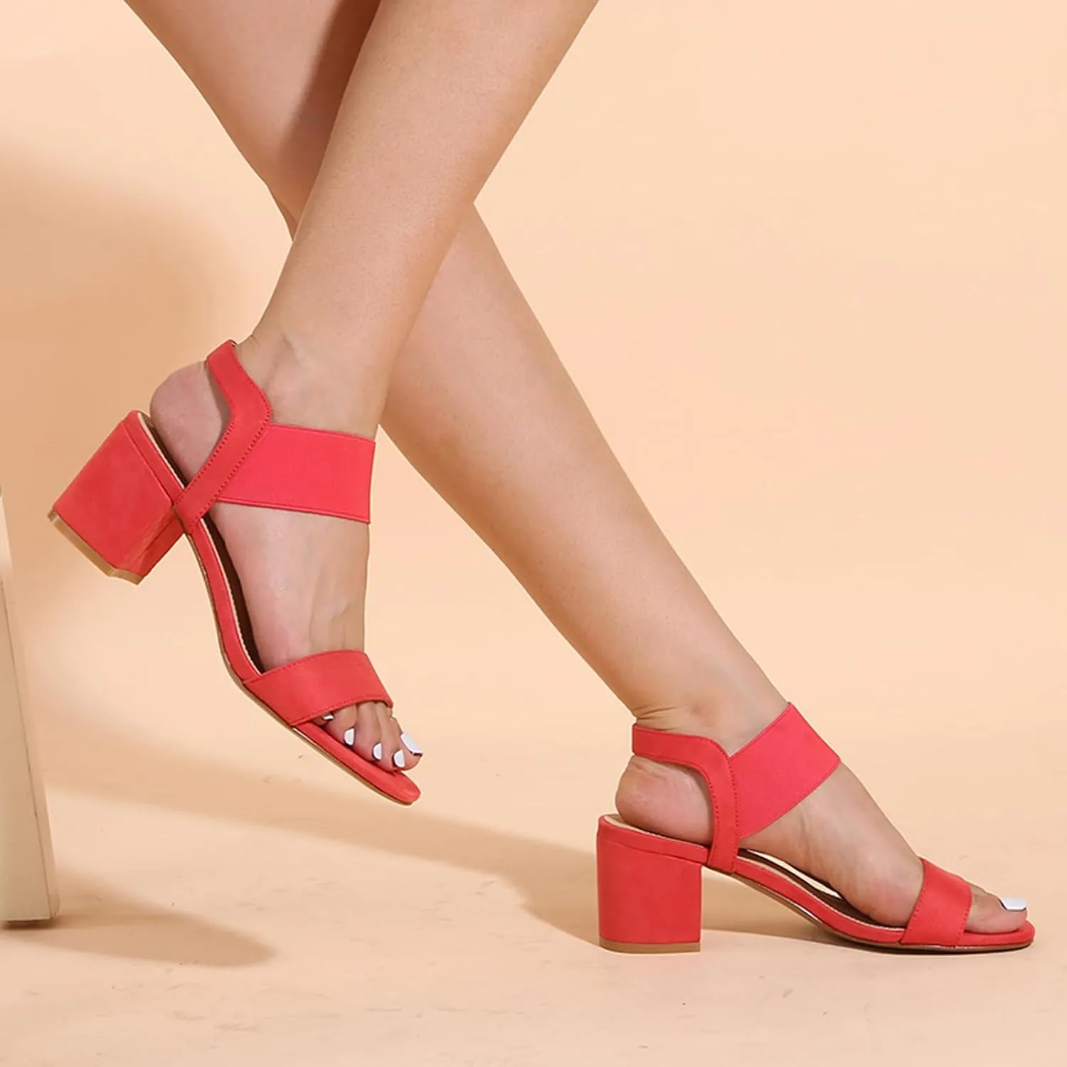 Women's One Strap Chunky Heel Sandals with Adjust Stretchy Ankle Strap Square Open Toe Suede Slip on Block Heel Dress Party Wedding Sandals