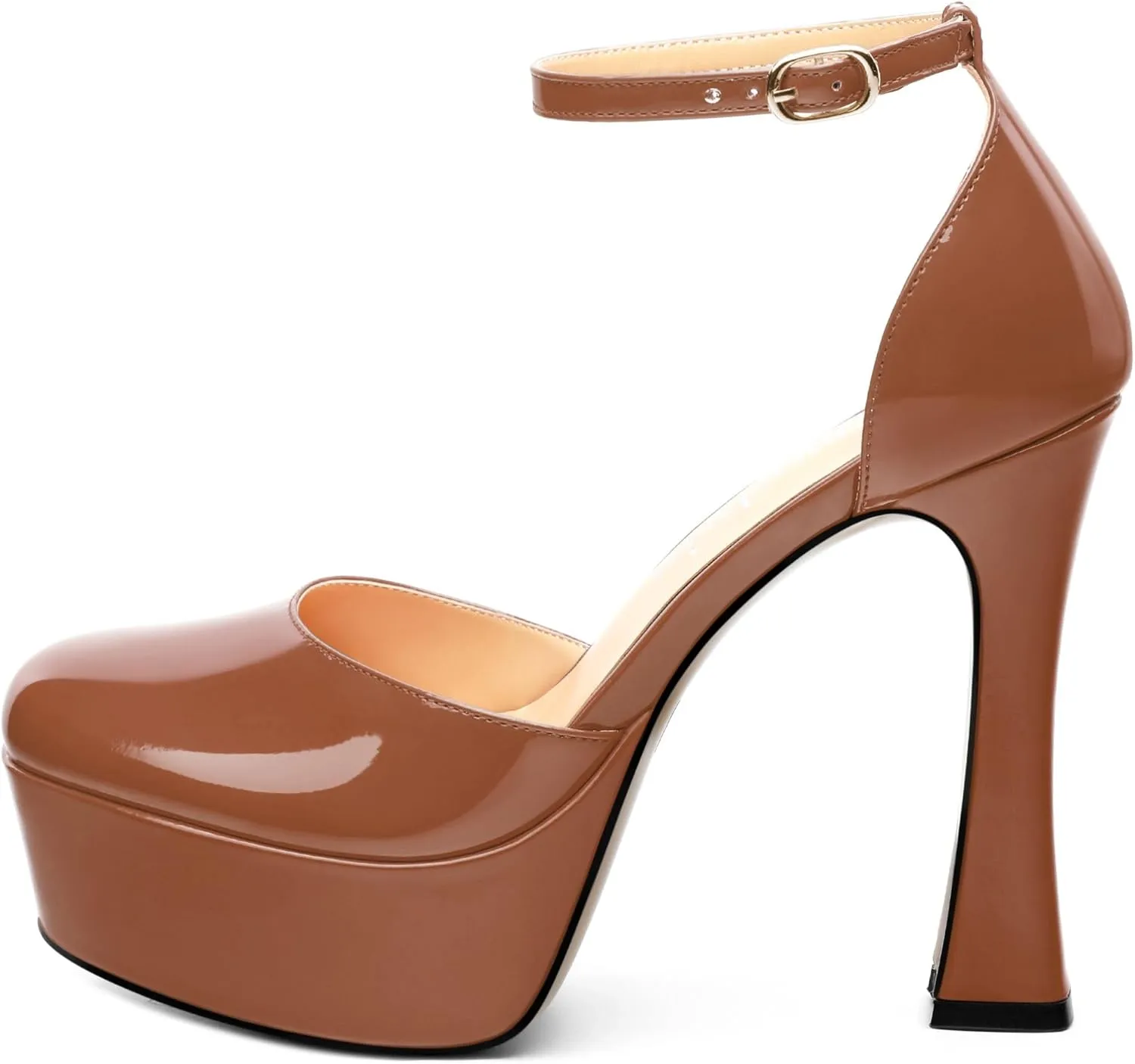 Women's Platform Chunky High Heel Pumps Patent Buckle Square Toe Ankle Strap High Heels Dating Wedding Party Dress Shoes 4.7 Inch