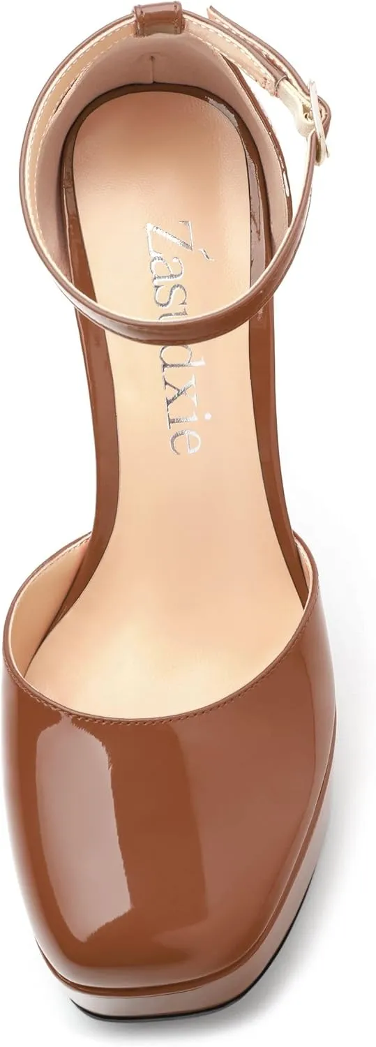 Women's Platform Chunky High Heel Pumps Patent Buckle Square Toe Ankle Strap High Heels Dating Wedding Party Dress Shoes 4.7 Inch