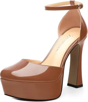 Women's Platform Chunky High Heel Pumps Patent Buckle Square Toe Ankle Strap High Heels Dating Wedding Party Dress Shoes 4.7 Inch