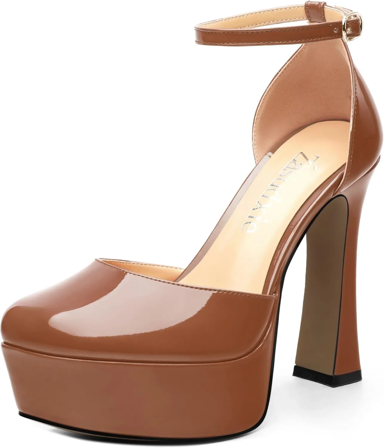 Women's Platform Chunky High Heel Pumps Patent Buckle Square Toe Ankle Strap High Heels Dating Wedding Party Dress Shoes 4.7 Inch