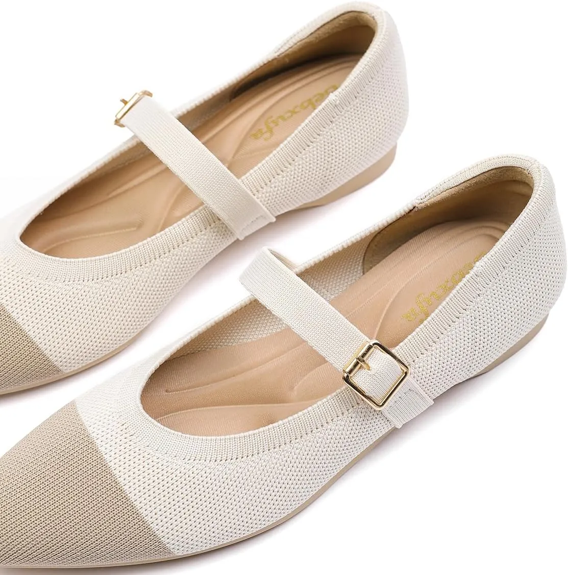 Women's Pointed Toe Knit Mary Jane Ballet Flats for Office Casual Wear Stretchy Dressy Slip-On Shoes with Arch Support