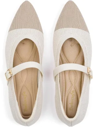 Women's Pointed Toe Knit Mary Jane Ballet Flats for Office Casual Wear Stretchy Dressy Slip-On Shoes with Arch Support