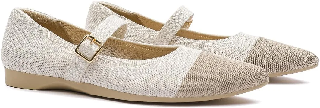 Women's Pointed Toe Knit Mary Jane Ballet Flats for Office Casual Wear Stretchy Dressy Slip-On Shoes with Arch Support
