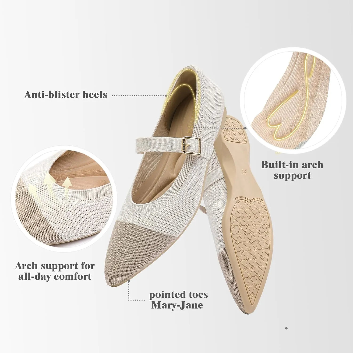 Women's Pointed Toe Knit Mary Jane Ballet Flats for Office Casual Wear Stretchy Dressy Slip-On Shoes with Arch Support