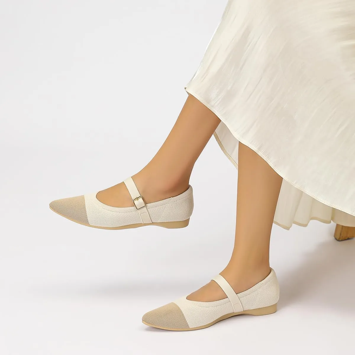Women's Pointed Toe Knit Mary Jane Ballet Flats for Office Casual Wear Stretchy Dressy Slip-On Shoes with Arch Support