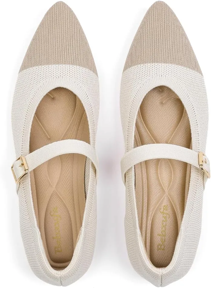 Women's Pointed Toe Knit Mary Jane Ballet Flats for Office Casual Wear Stretchy Dressy Slip-On Shoes with Arch Support