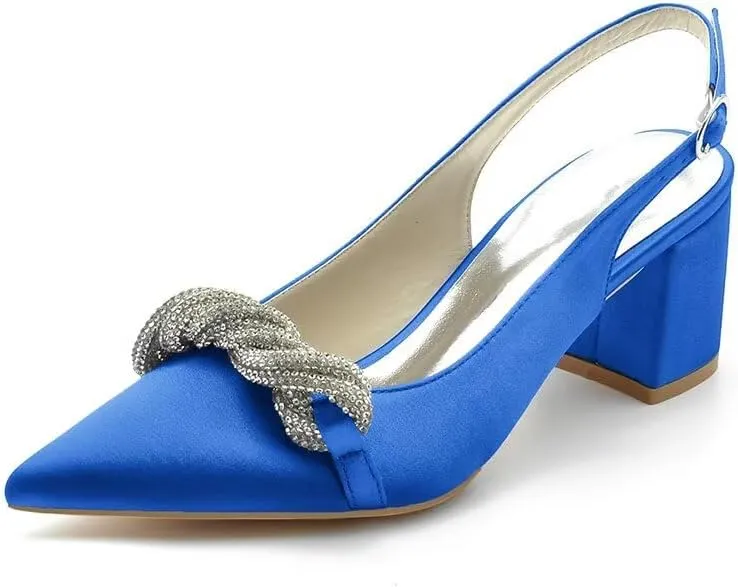 Women's Rhinestone Low Chunky Heels for Women Wedding Bridal Shoes Satin Closed Pointed Toe Block Heel Dressy Prom Pumps