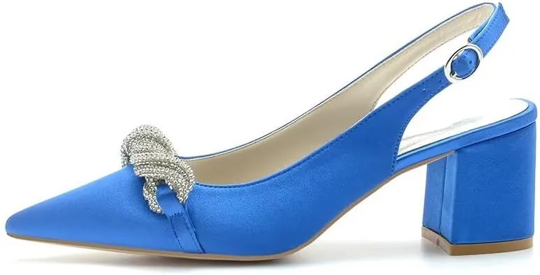 Women's Rhinestone Low Chunky Heels for Women Wedding Bridal Shoes Satin Closed Pointed Toe Block Heel Dressy Prom Pumps