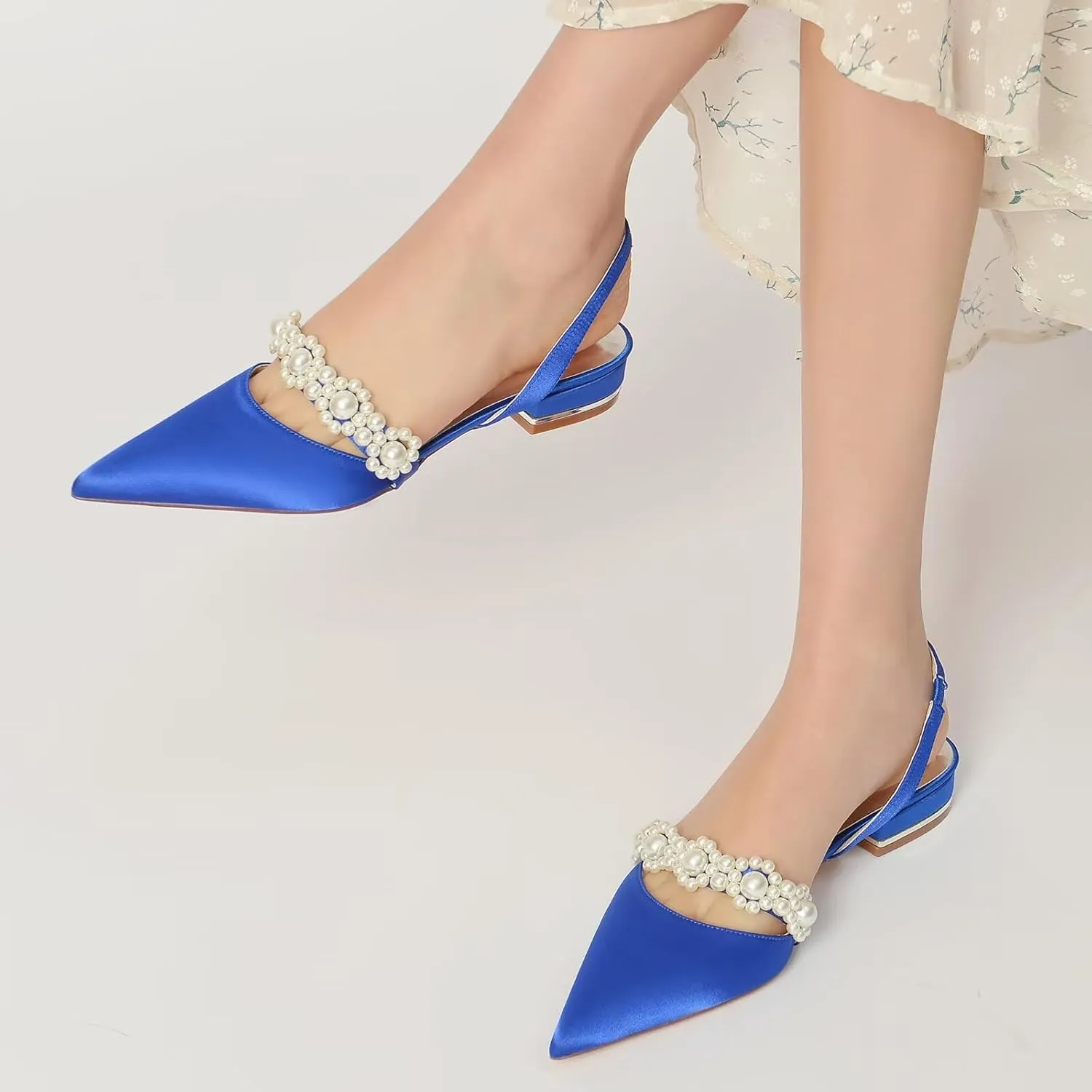 Women's Satin Wedding Flats for Bride Sling Back Pointy Toe Comfy Low Heel Drsssy Bridal Shoes Ladies Shoes