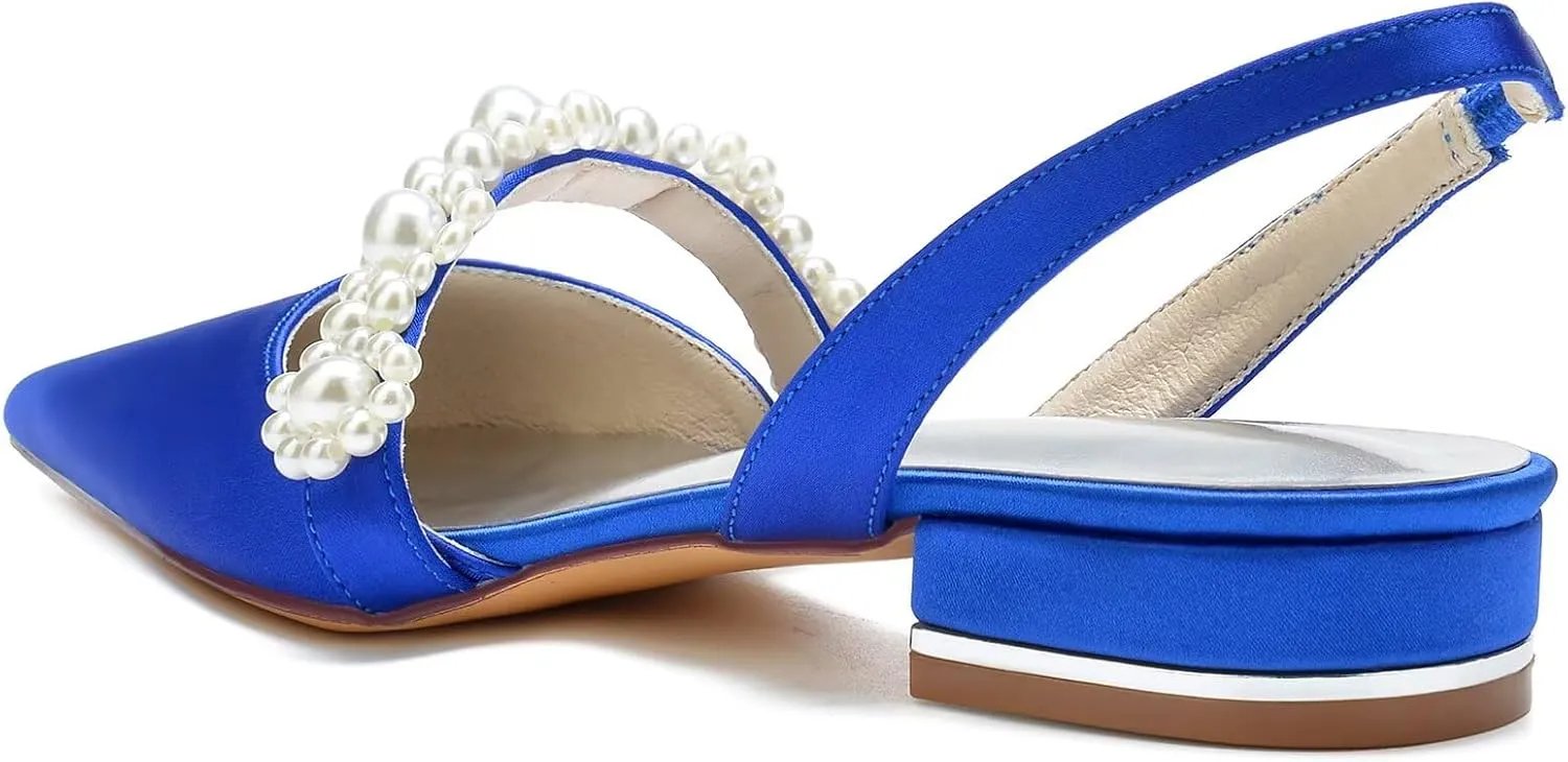 Women's Satin Wedding Flats for Bride Sling Back Pointy Toe Comfy Low Heel Drsssy Bridal Shoes Ladies Shoes