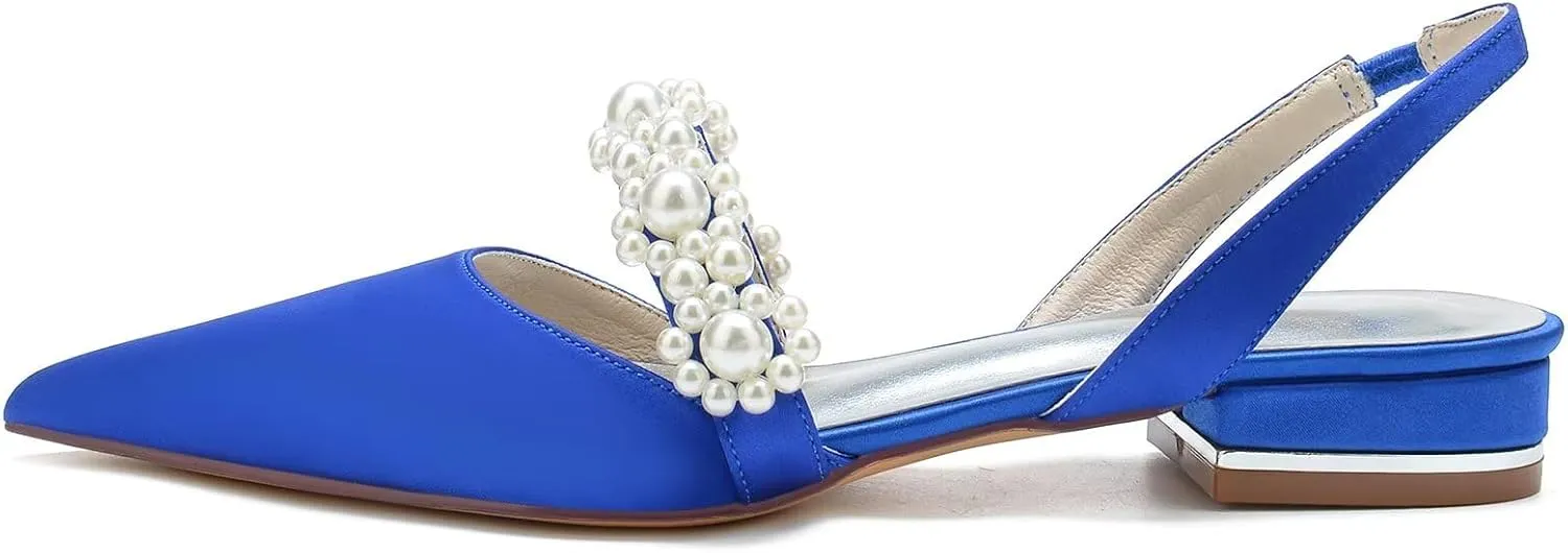 Women's Satin Wedding Flats for Bride Sling Back Pointy Toe Comfy Low Heel Drsssy Bridal Shoes Ladies Shoes