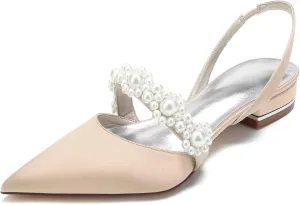 Women's Satin Wedding Flats for Bride Sling Back Pointy Toe Comfy Low Heel Drsssy Bridal Shoes Ladies Shoes