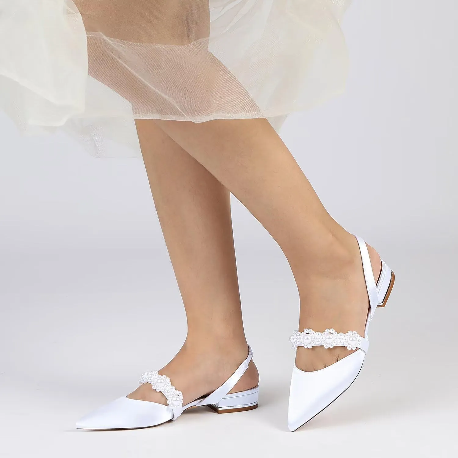 Women's Satin Wedding Flats for Bride Sling Back Pointy Toe Comfy Low Heel Drsssy Bridal Shoes Ladies Shoes
