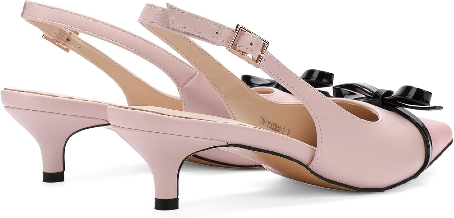 Women's Slingback Heels with Bow Cute Pumps with Pointy Toe Cap 2" Stiletto Kitten Heels for Designer Comfy Dress Shoes