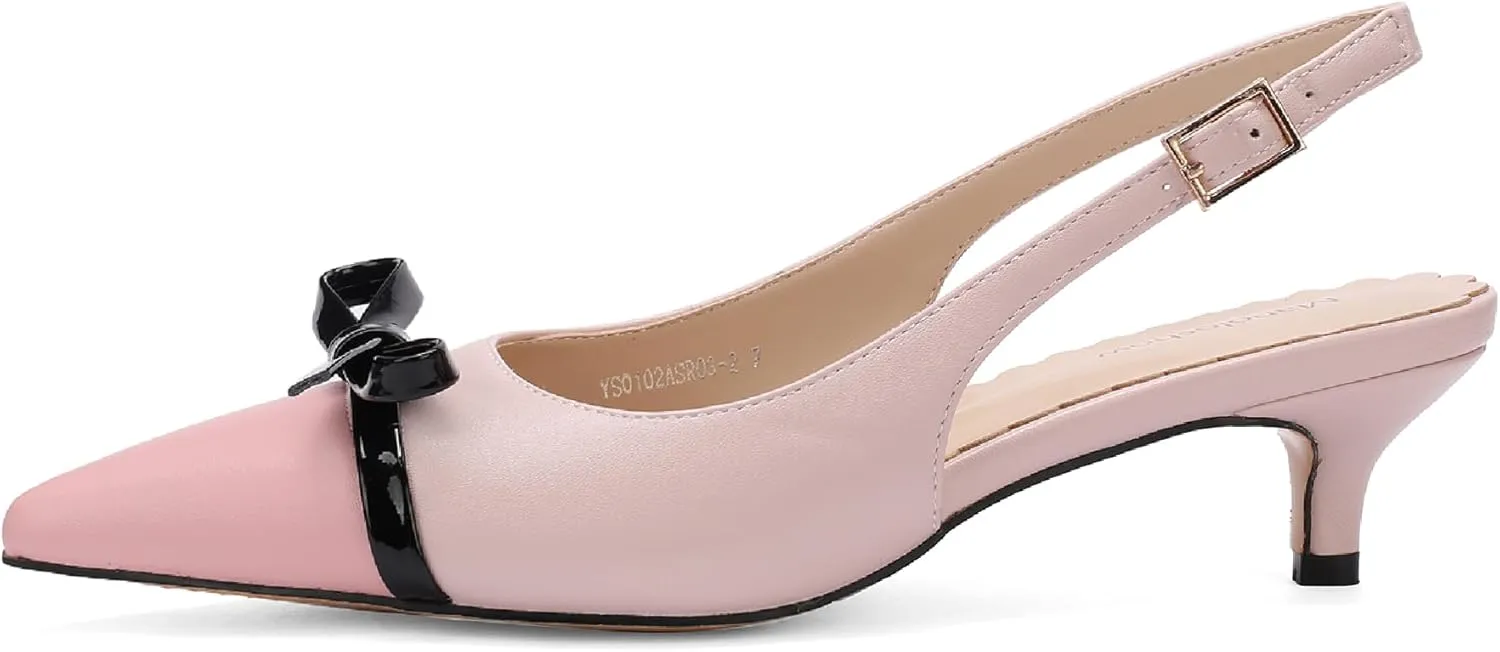 Women's Slingback Heels with Bow Cute Pumps with Pointy Toe Cap 2" Stiletto Kitten Heels for Designer Comfy Dress Shoes