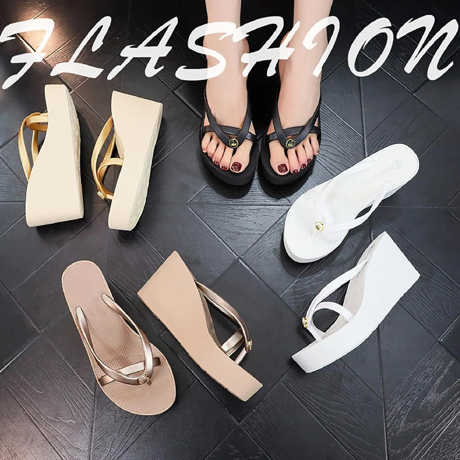 Women's Thong Wedge Platform Slides Sandals Fashion Comfort Open Round Toe Slip On Anti-Slip Chunky Heel Flip Flops Summer Pool Party Beach Walking Sandals