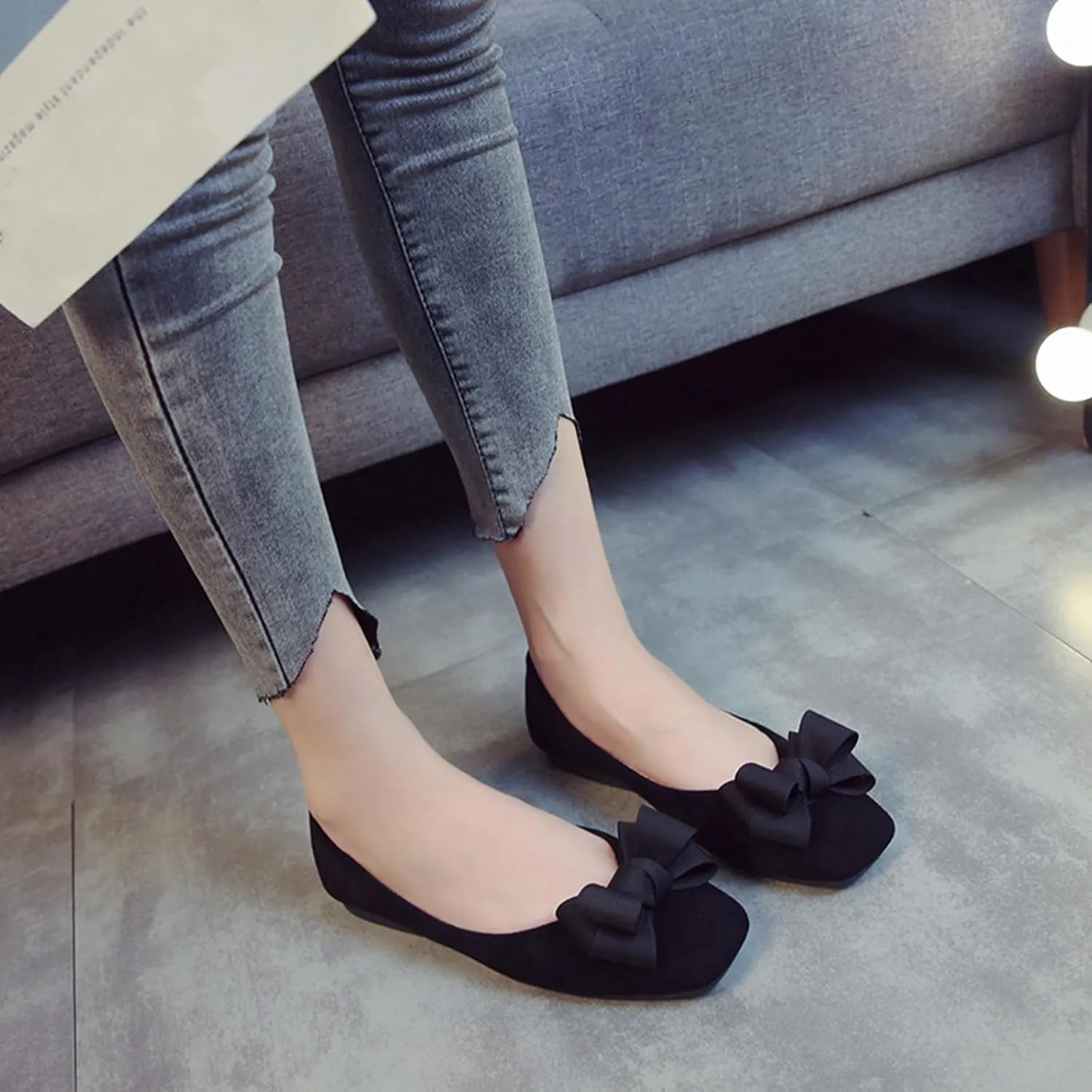 Women's Velvet Bow Slip-On Elegant Flat Loafers Fashion Square Toe Soft Comfort Dress Evening Shoes for Party Prom