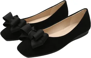 Women's Velvet Bow Slip-On Elegant Flat Loafers Fashion Square Toe Soft Comfort Dress Evening Shoes for Party Prom