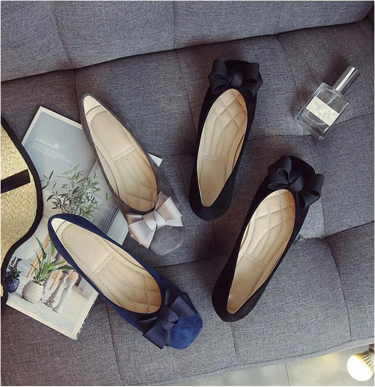 Women's Velvet Bow Slip-On Elegant Flat Loafers Fashion Square Toe Soft Comfort Dress Evening Shoes for Party Prom