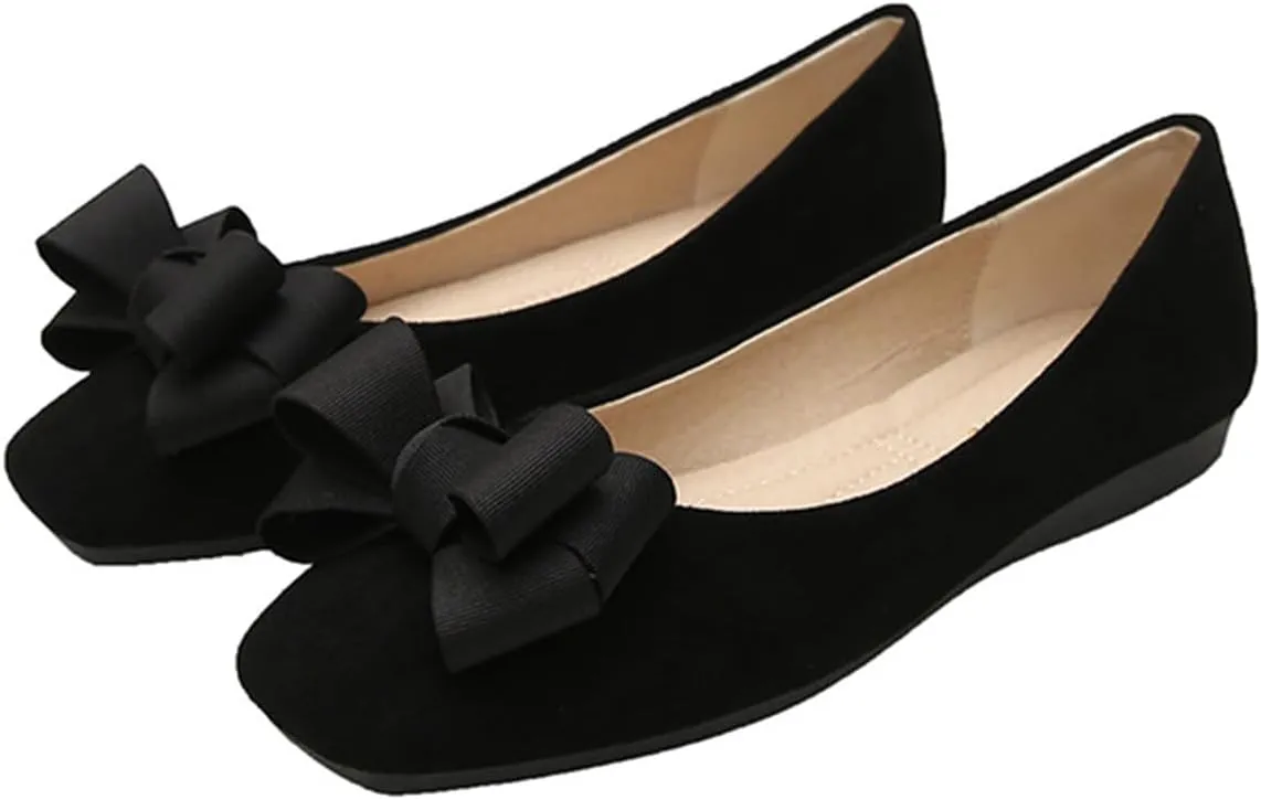 Women's Velvet Bow Slip-On Elegant Flat Loafers Fashion Square Toe Soft Comfort Dress Evening Shoes for Party Prom