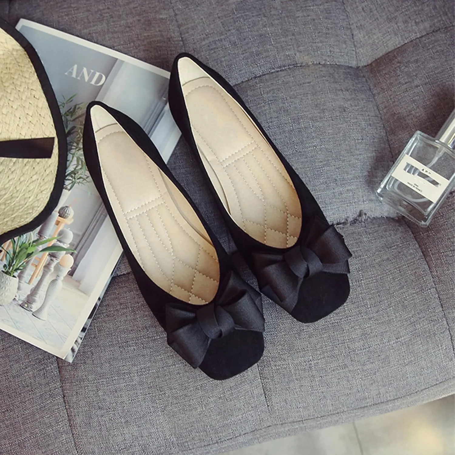 Women's Velvet Bow Slip-On Elegant Flat Loafers Fashion Square Toe Soft Comfort Dress Evening Shoes for Party Prom