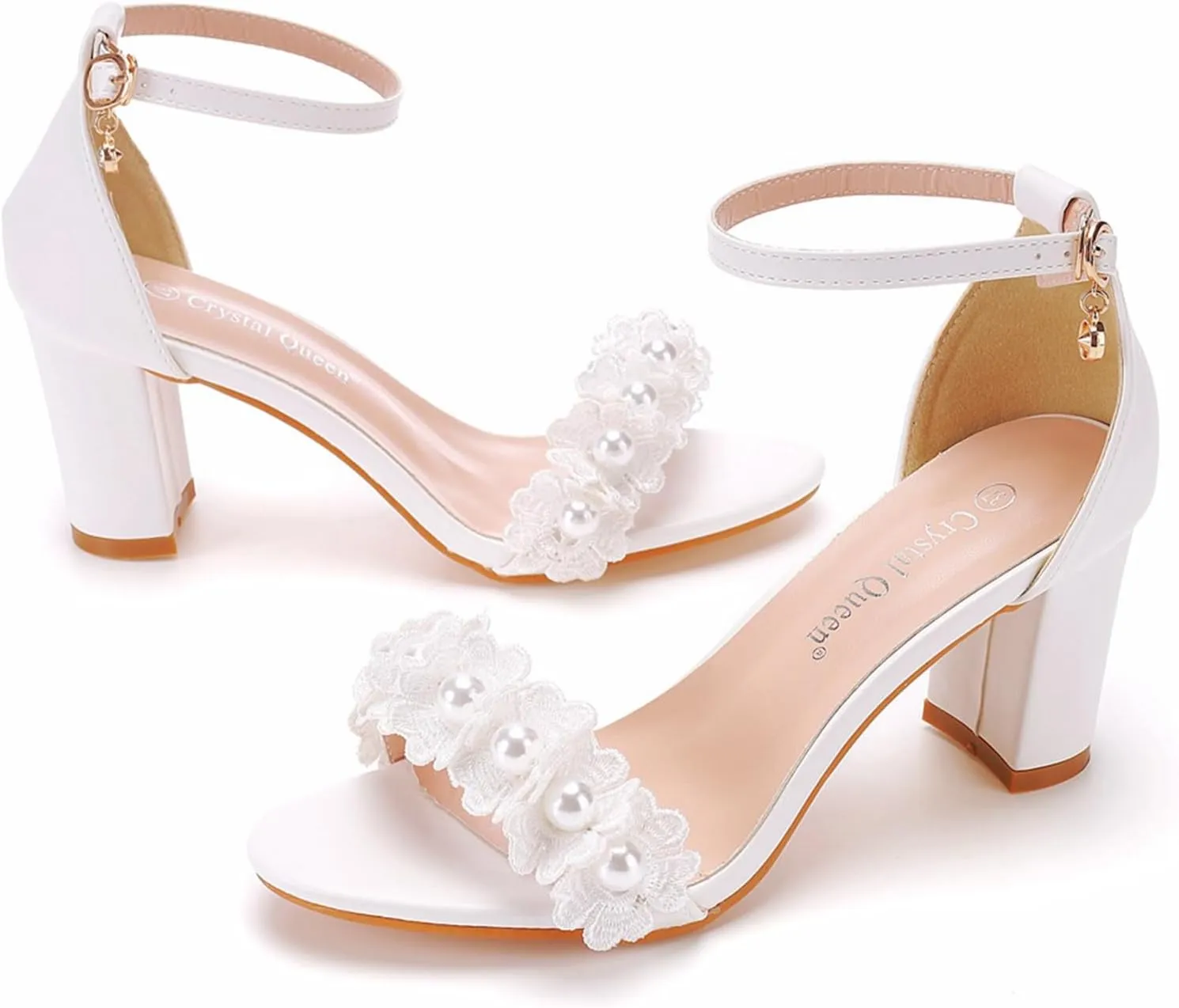 Women's Wedding Pearl Chunky Heels Sandals for Women Lace Comfy Open Toe Block Heeled Sandals White Bridal Heels for Women 7Cm