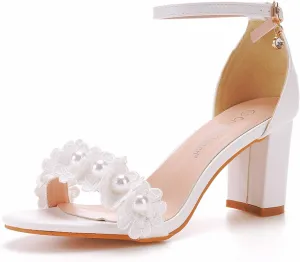 Women's Wedding Pearl Chunky Heels Sandals for Women Lace Comfy Open Toe Block Heeled Sandals White Bridal Heels for Women 7Cm