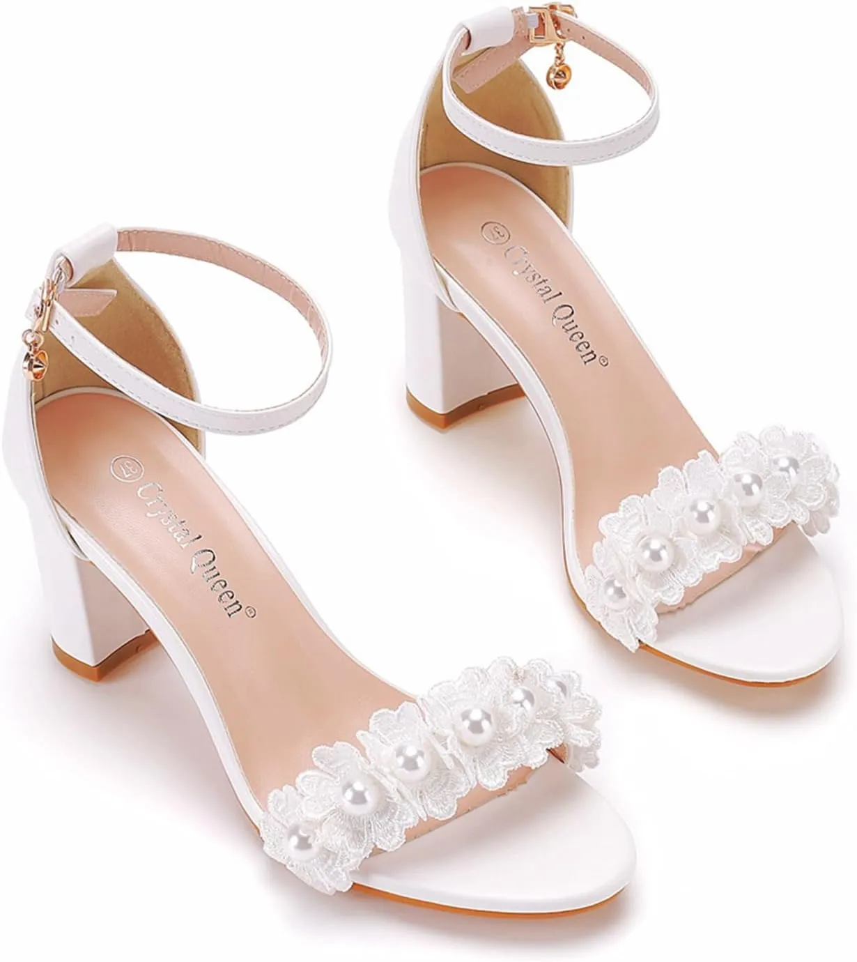 Women's Wedding Pearl Chunky Heels Sandals for Women Lace Comfy Open Toe Block Heeled Sandals White Bridal Heels for Women 7Cm