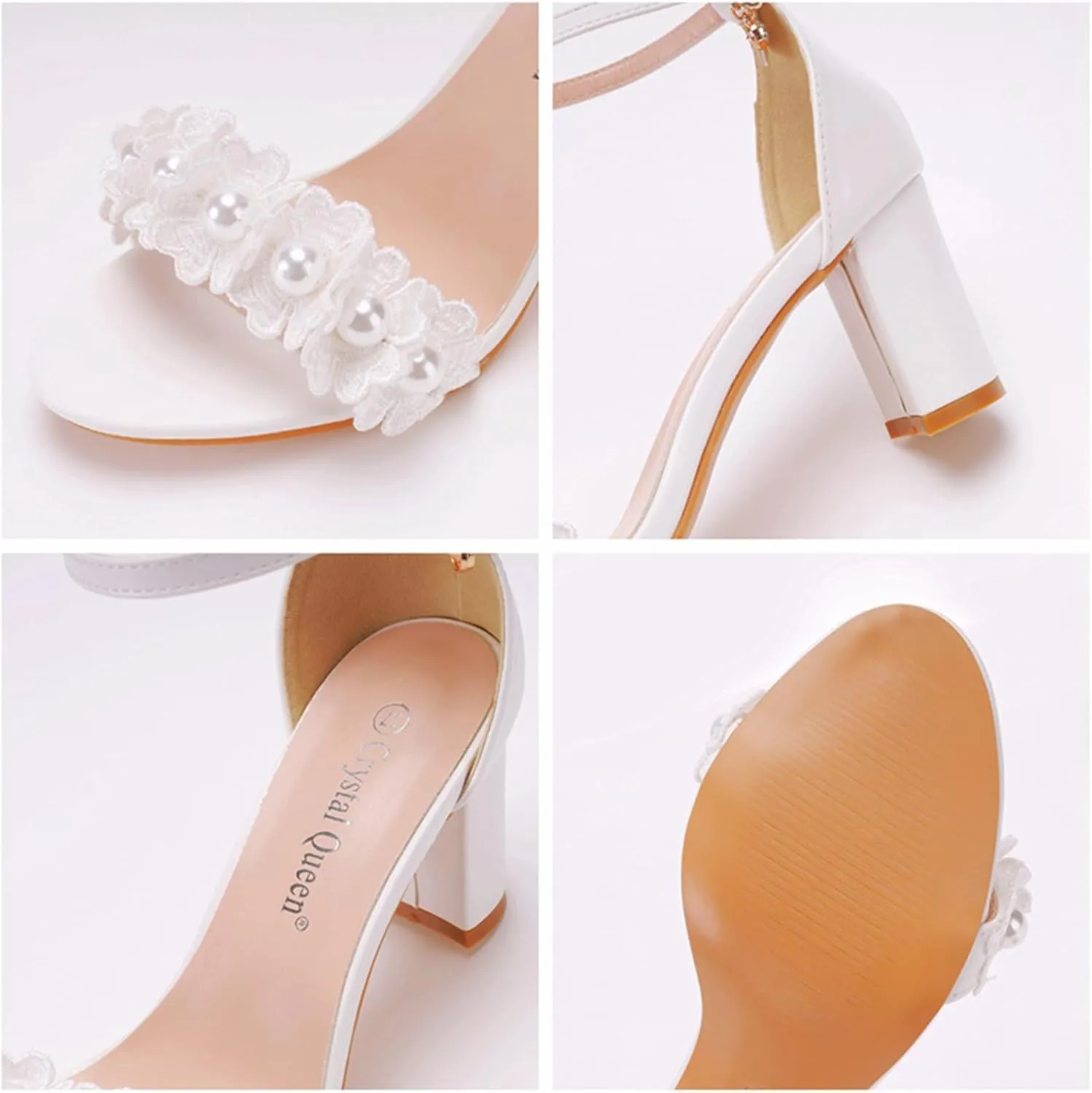Women's Wedding Pearl Chunky Heels Sandals for Women Lace Comfy Open Toe Block Heeled Sandals White Bridal Heels for Women 7Cm