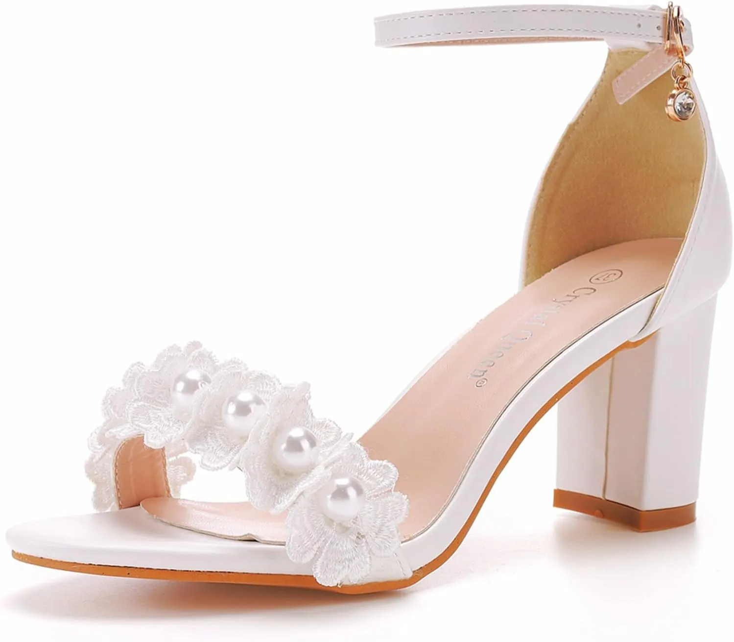 Women's Wedding Pearl Chunky Heels Sandals for Women Lace Comfy Open Toe Block Heeled Sandals White Bridal Heels for Women 7Cm