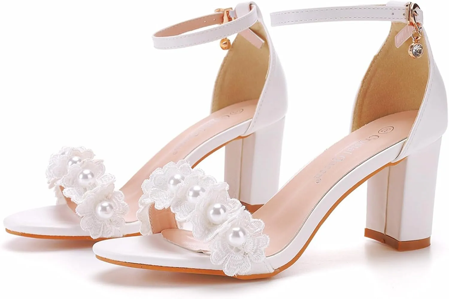 Women's Wedding Pearl Chunky Heels Sandals for Women Lace Comfy Open Toe Block Heeled Sandals White Bridal Heels for Women 7Cm