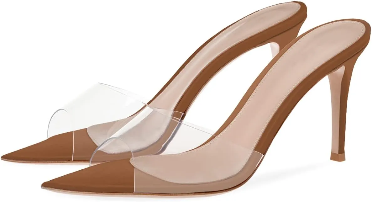 XINIUNIU Clear Mules for Women Heeled Sandals Pointed Open Toe Transparent Stilettos 3.5 inch Backless Slip On Dress Shoes for Party Wedding